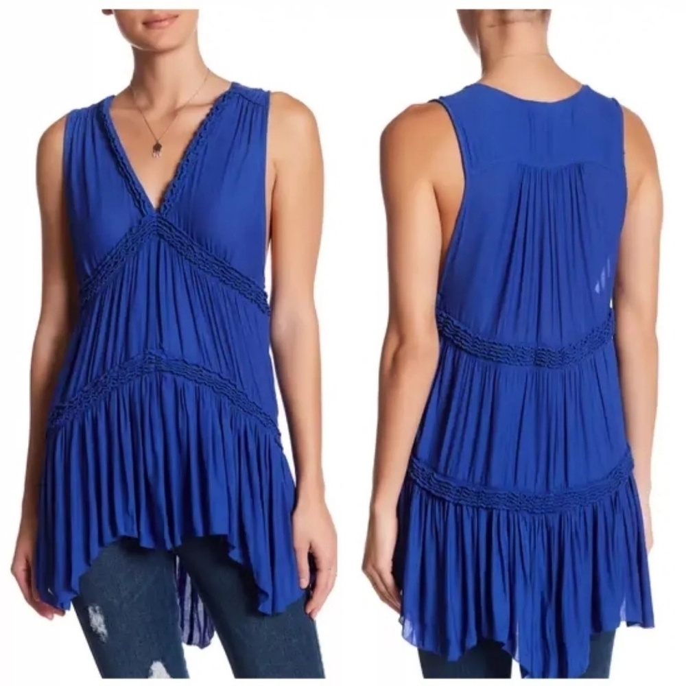 Free People Purple Haze Tunic Top Cobalt Blue XS Tiered Sleeveless V-Neck‎